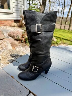 BCBG Black Mid-Calf Buckle Heel Boots